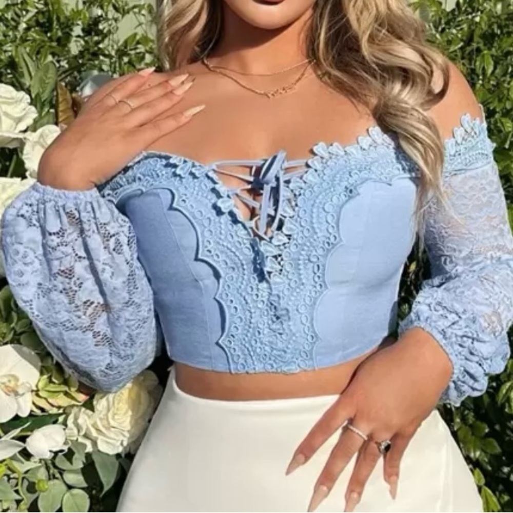 Elegant Blue Lace Off-Shoulder Top